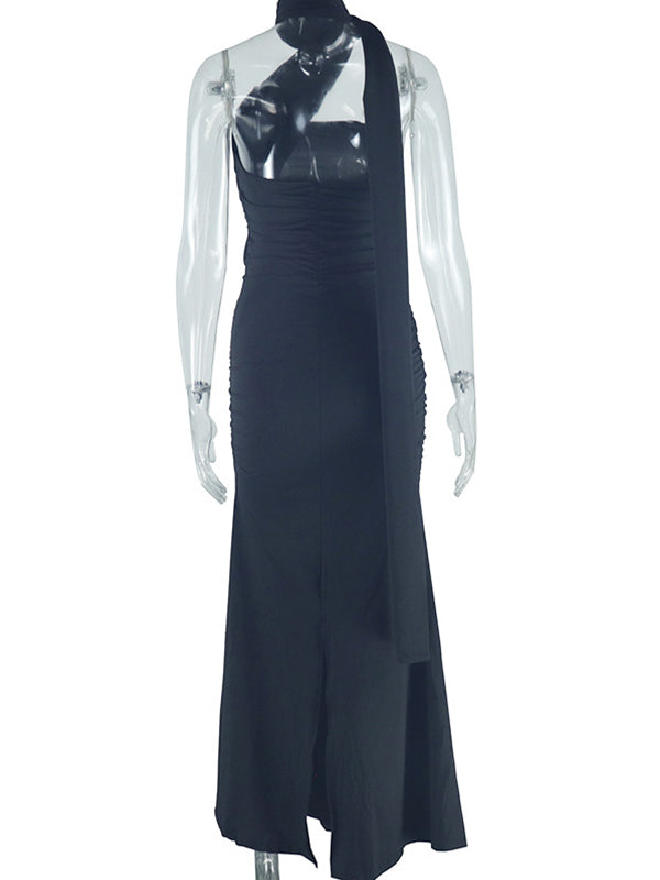 Momyknows Ruched One Shoulder Draped Back Slit Elegant Maternity Maxi Dress Momyknows Ruched One Shoulder Draped Back Slit Elegant Maternity Maxi Dress