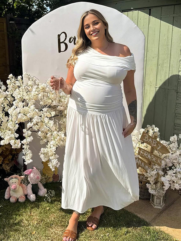 Momyknows White One Shoulder Ruched Pleated Big Swing Maternity Maxi Dress