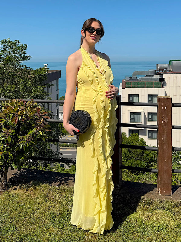Momyknows Yellow Ruffle Mermaid Vacation Baby Shower Maternity Maxi Dress