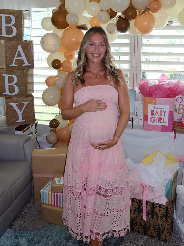 Momyknows Smocked Cut Out Flowers Gender Reveal Baby Shower Maternity Maxi Dress