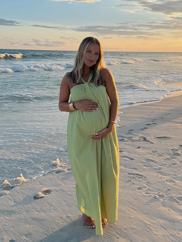 Momyknows Green Lace-up Backless Off Shoulder Photoshoot Maternity Maxi Dress