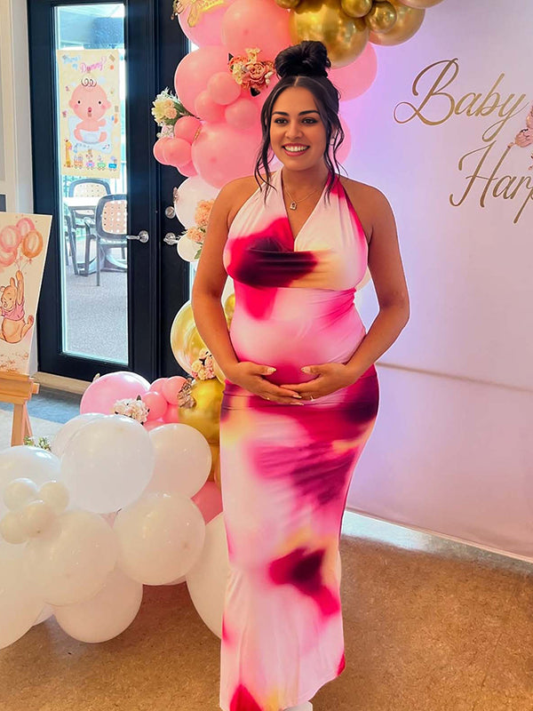 Momyknows Deep V Halter Neck Stamp Duty Maternity Baby Shower Maxi Dress
