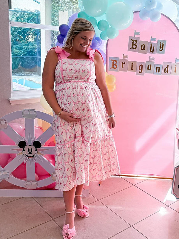 Momyknows Bowknot Stamp Duty Smoked Maternity Baby Shower Maxi Dress