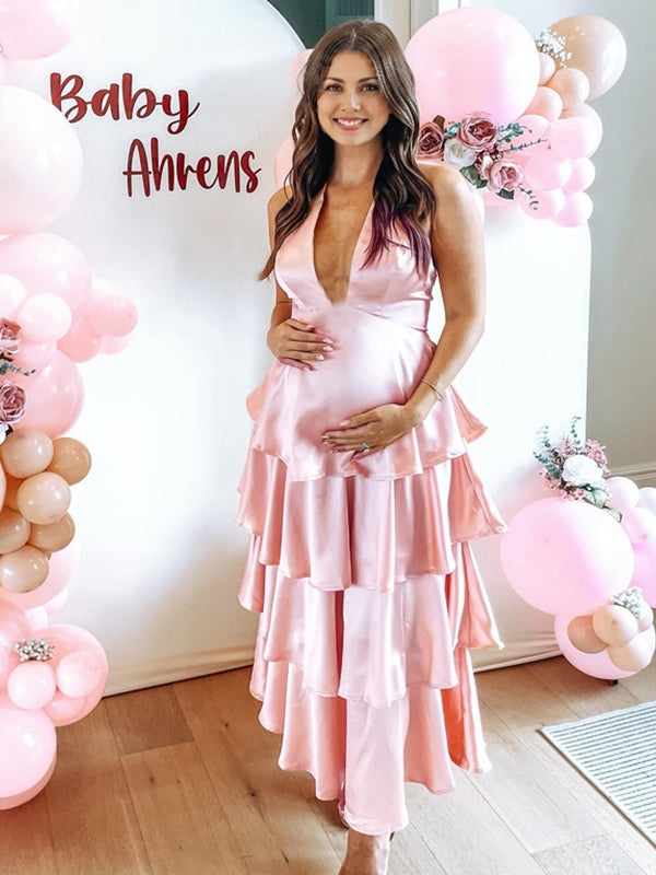 Momyknows Deep V Cake Skirt Backless Maternity Baby Shower Maxi Dress