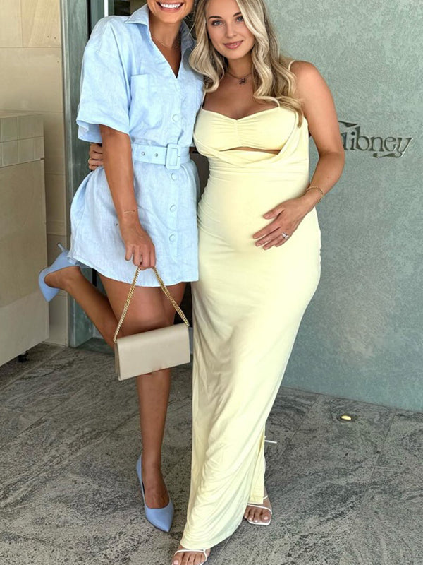 Momyknows Buff Halter Neck Ruched Maternity Baby Shower Maxi Dress