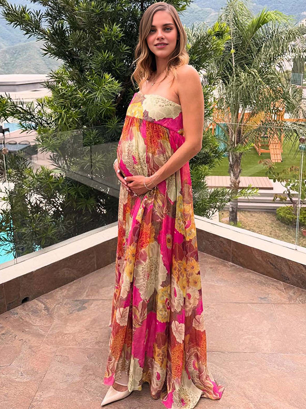 Momyknows Flower Color Open Back Stamp Duty Maternity Photoshoot Maxi Dress