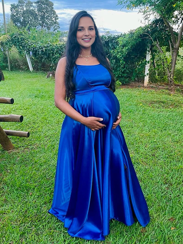 Momyknows Spaghetti Strap Side Slit Maternity Baby Shower Maxi Dress