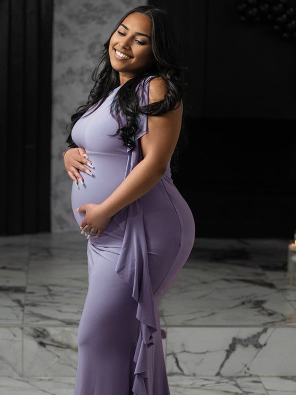 Momyknows Purple Oblique Shoulder Ribbon Open Back Maternity Photoshoot Maxi Dress