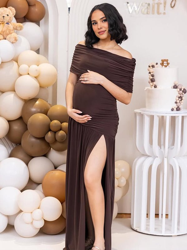 Momyknows Brown Ruched Off Shoulder Side Slit Elegant Maternity Maxi Dress, Brown / S