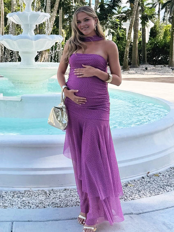 Momyknows Pink Polka Dot Ruched Ruffle Bandeau Scarf Maternity Maxi Dress
