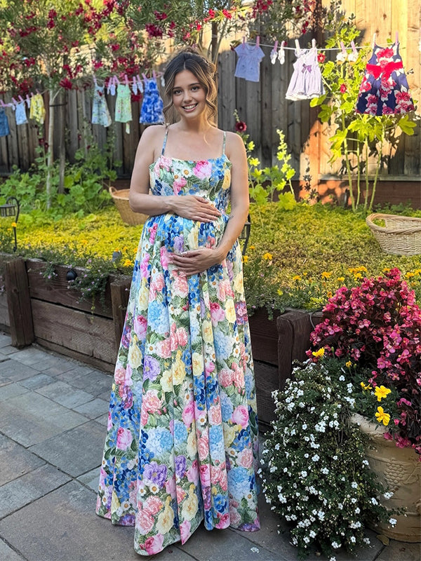 Momyknows Blue Floral Side Slit Tie Baby Shower Maternity Maxi Dress