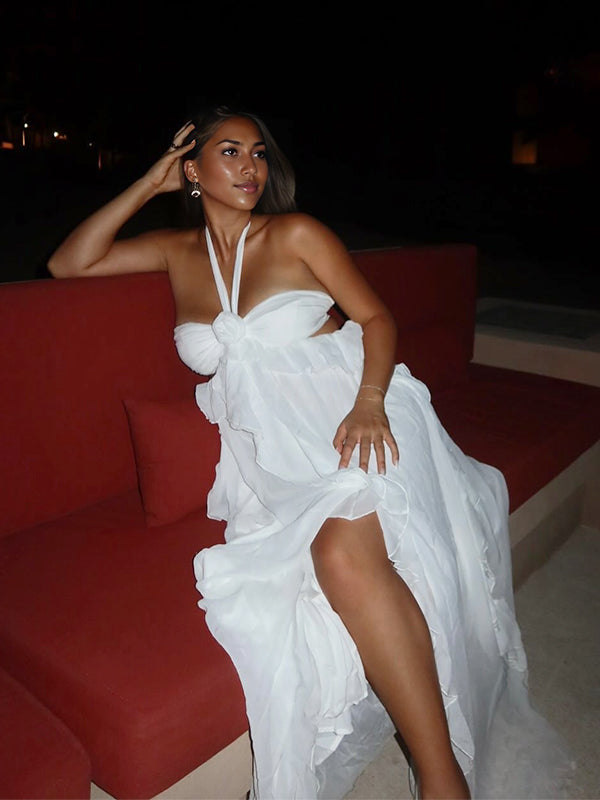 Momyknows White Ruffle 3D Flower Cut Out Maternity Maxi Dress