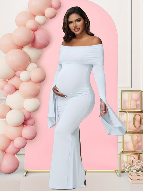 Momyknows Off Shoulder Flutter Sleeve Maternity Baby Shower Maxi Dress