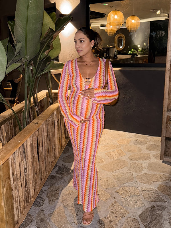 Momyknows Red Knit Wave Striped Vocation Maternity Maxi Dress