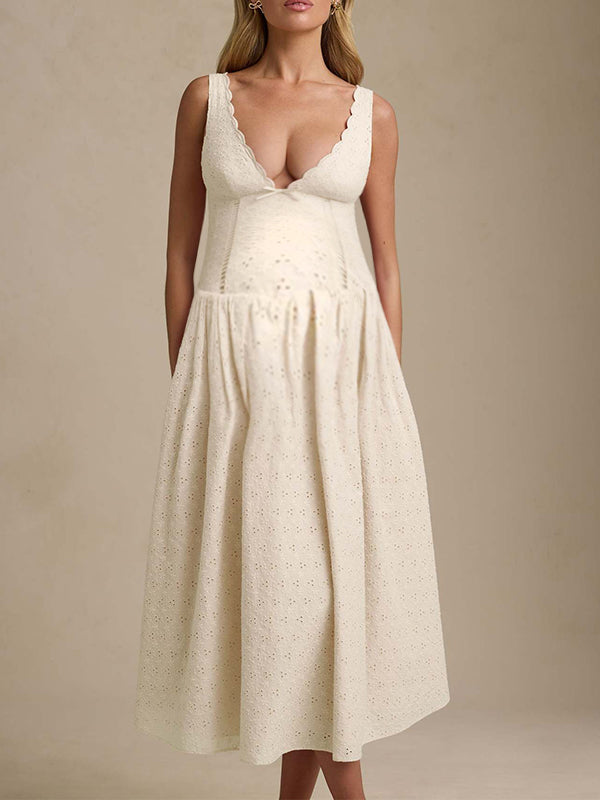 Momyknows Ruffle Smocked Bow Cut Openwork Flowers Maternity Maxi Dress