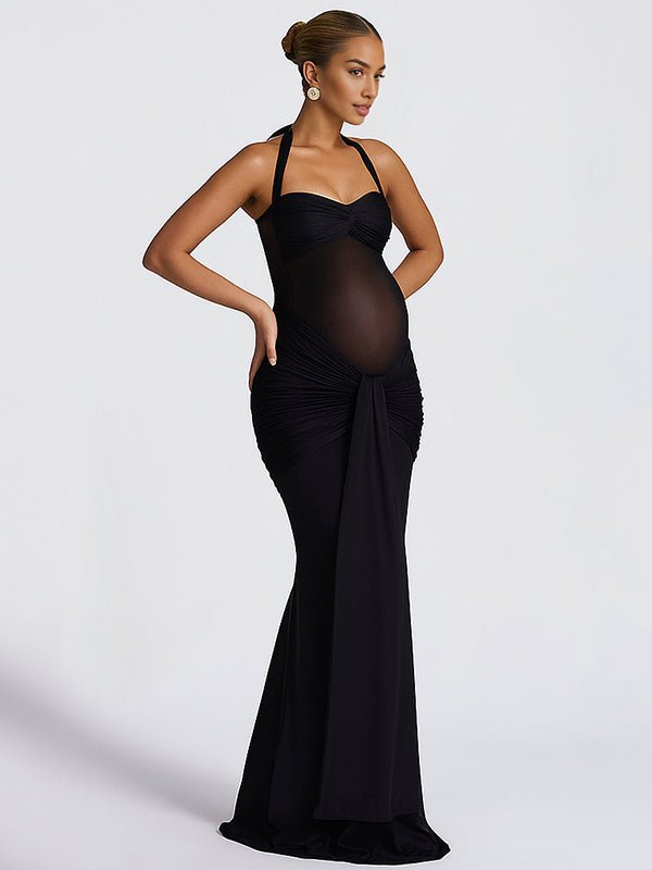 Momyknows Mesh Ruched Draped Halter Neck Backless Maternity Maxi Dress, Yellow / M