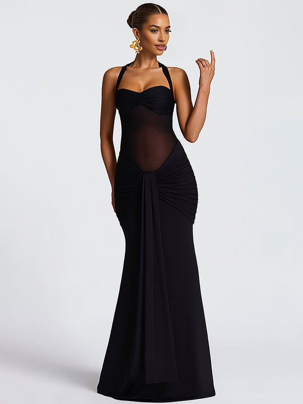 Momyknows Mesh Ruched Draped Halter Neck Backless Maternity Maxi Dress Wine Red / L Momyknows Mesh Ruched Draped Halter Neck Backless Maternity Maxi Dress Wine Red / L