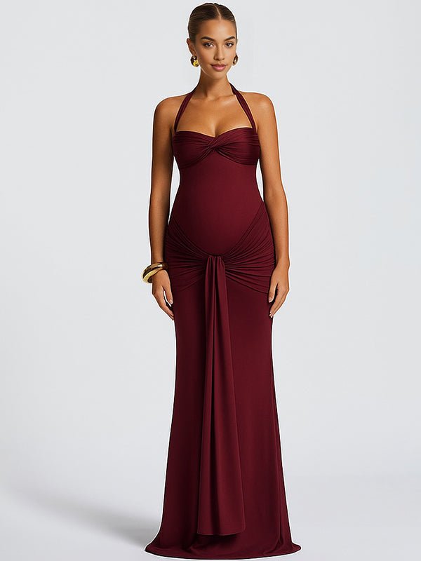 Momyknows Mesh Ruched Draped Halter Neck Backless Maternity Maxi Dress, Yellow / M