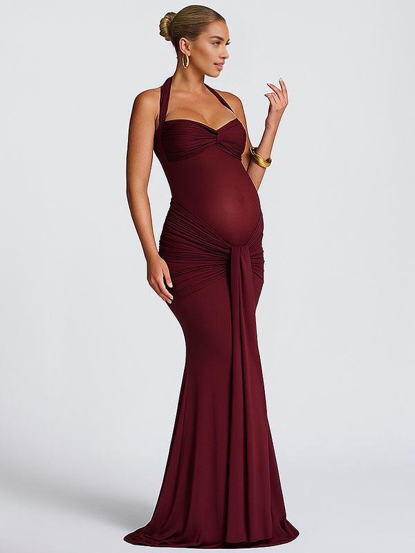 Momyknows Mesh Ruched Draped Halter Neck Backless Maternity Maxi Dress Wine Red / L Momyknows Mesh Ruched Draped Halter Neck Backless Maternity Maxi Dress Wine Red / L