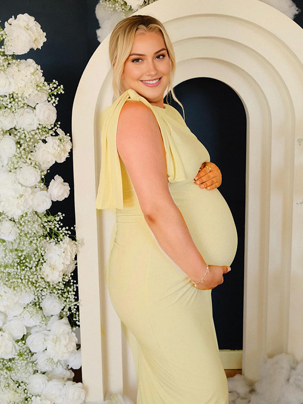 Momyknows Yellow Bowknot One Shoulder Elegant Maternity Maxi Dress