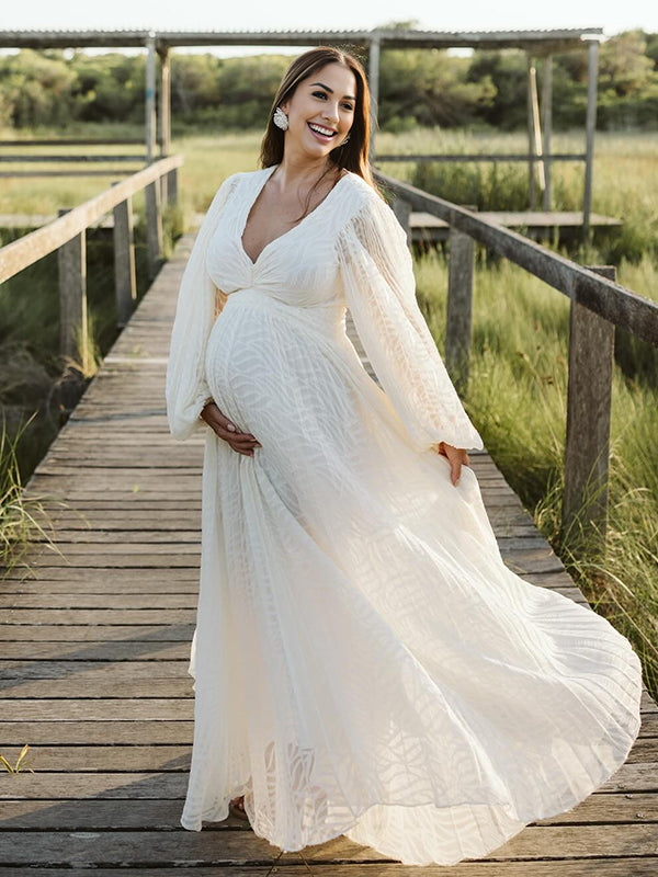 Momyknows Cream White Ruched Backless Big Swing Lantern Sleeve Boho Maternity Maxi Dress