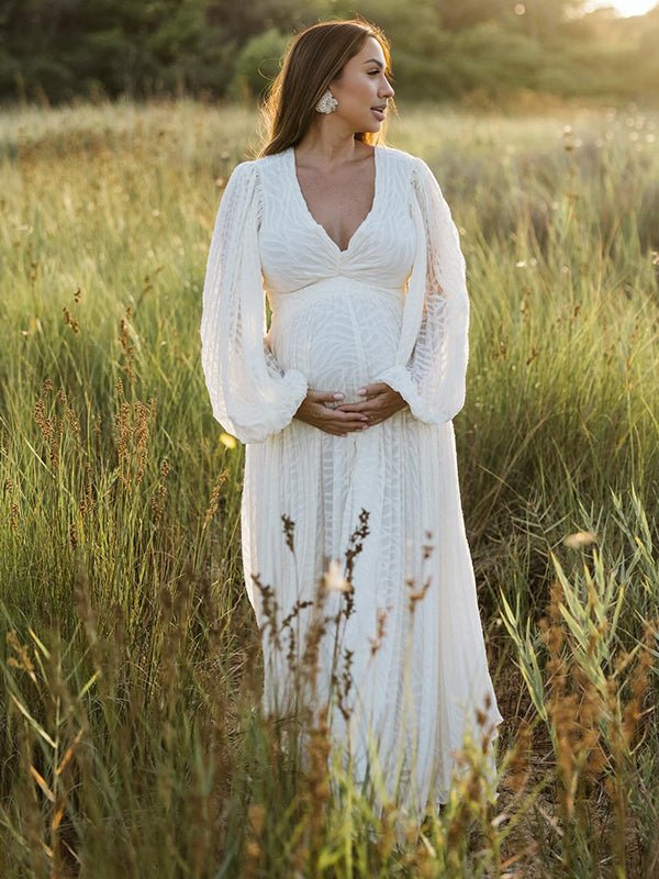 Momyknows Cream White Ruched Backless Irregular Big Swing Lantern Sleeve Boho Maternity Maxi Dress