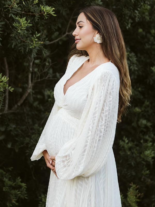 Momyknows Cream White Ruched Backless Big Swing Lantern Sleeve Boho Maternity Maxi Dress White / 2XL Momyknows Cream White Ruched Backless Big Swing Lantern Sleeve Boho Maternity Maxi Dress White / 2XL