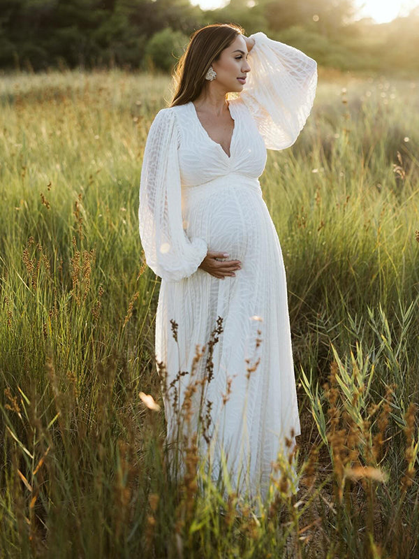 Momyknows Cream White Ruched Backless Big Swing Lantern Sleeve Boho Maternity Maxi Dress White / 2XL Momyknows Cream White Ruched Backless Big Swing Lantern Sleeve Boho Maternity Maxi Dress White / 2XL