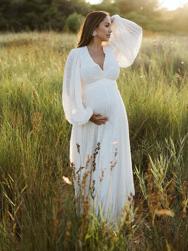 Momyknows Cream White Ruched Backless Big Swing Lantern Sleeve Boho Maternity Maxi Dress, White / 2XL