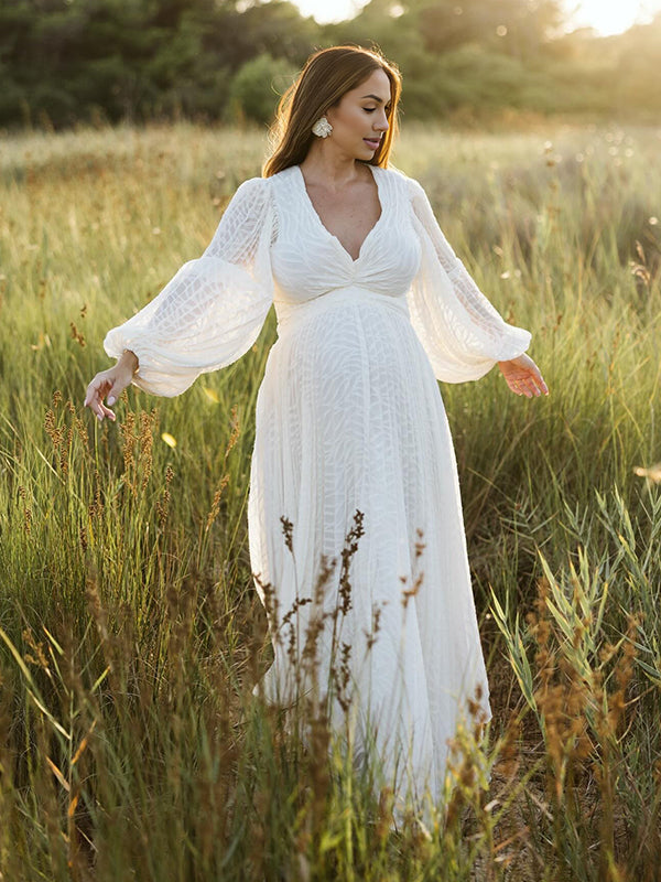Momyknows Cream White Ruched Backless Big Swing Lantern Sleeve Boho Maternity Maxi Dress White / S Momyknows Cream White Ruched Backless Big Swing Lantern Sleeve Boho Maternity Maxi Dress White / S