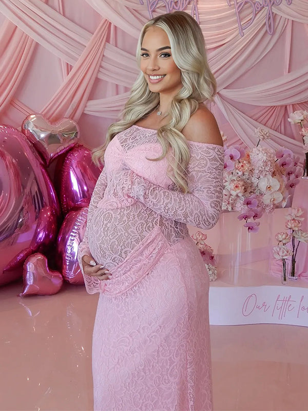 Momyknows Pink Lace Off Shoulder Ruched Bodice Sheer Maternity Maxi Dress