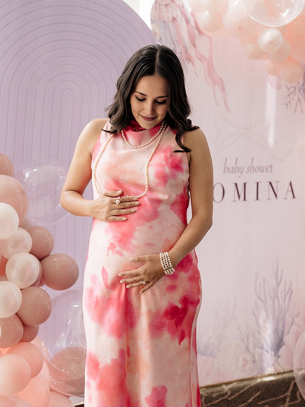 Momyknows Flower Color Round Neck Stamp Duty Maternity Baby Shower Maxi Dress