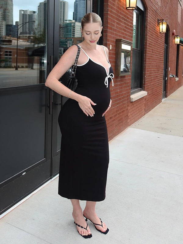 Momyknows Black Bow Tie Back Slit Going Out Maternity Maxi Dress