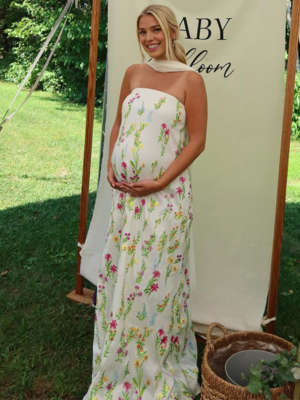 Momyknows White Floral Bandeau Strapless Big Swing Maternity Maxi Dress