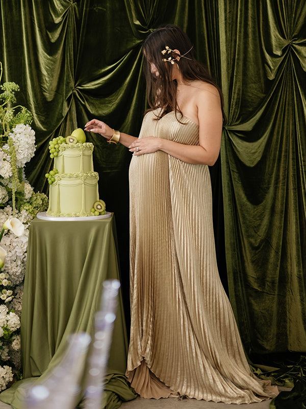 Momyknows Golden Pleated Bandeau Strapless Big Swing Maternity Maxi Dress