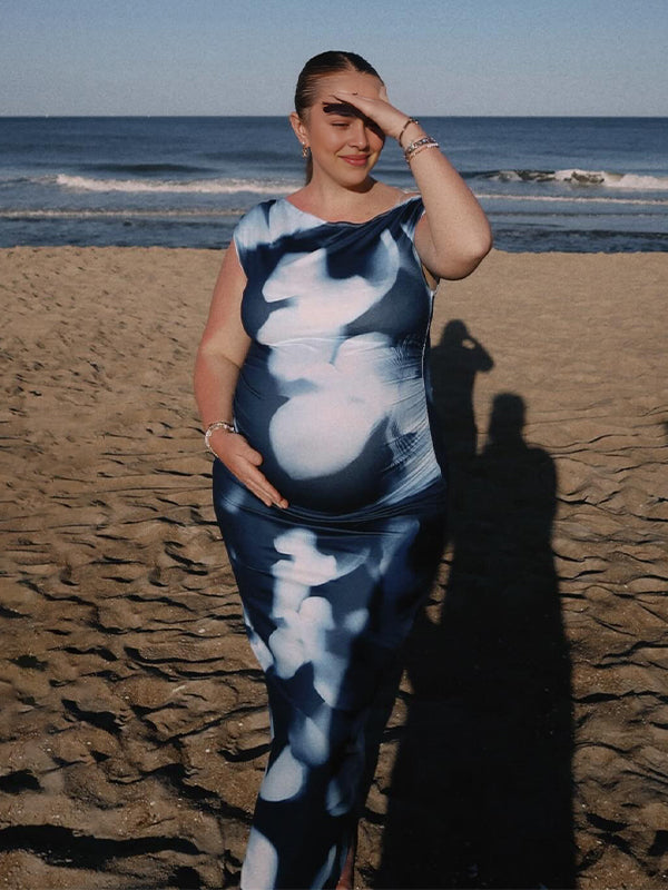 Momyknows Navy Blue One Shoulder Floral Photoshoot Maternity Maxi Dress