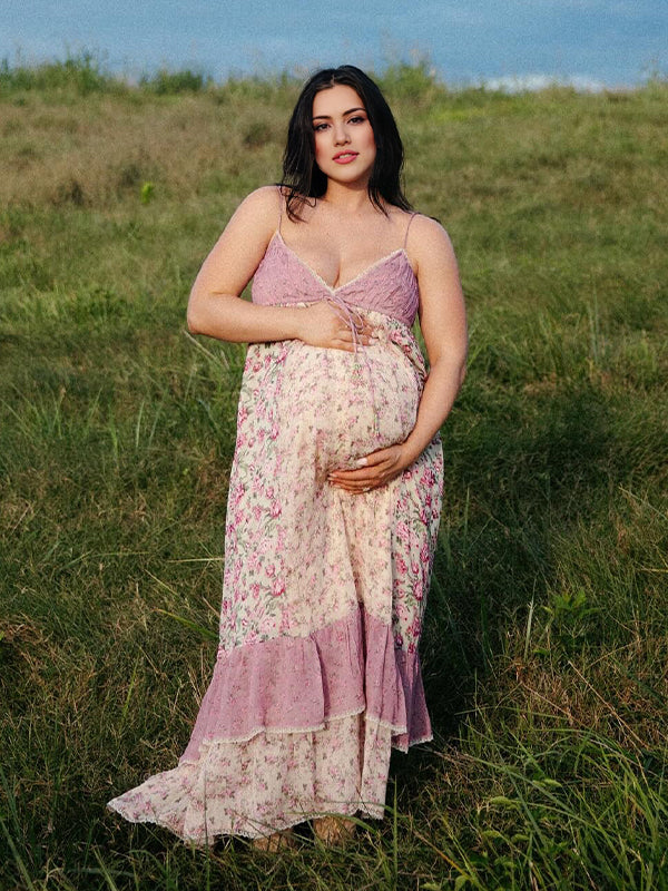 Momyknows Pink Floral Lace Ruffle Photoshoot Maternity Maxi Dress
