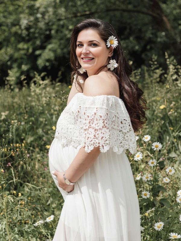 Momyknows White Off Shoulder Lace Ruffle Photoshoot Maternity Maxi Dress