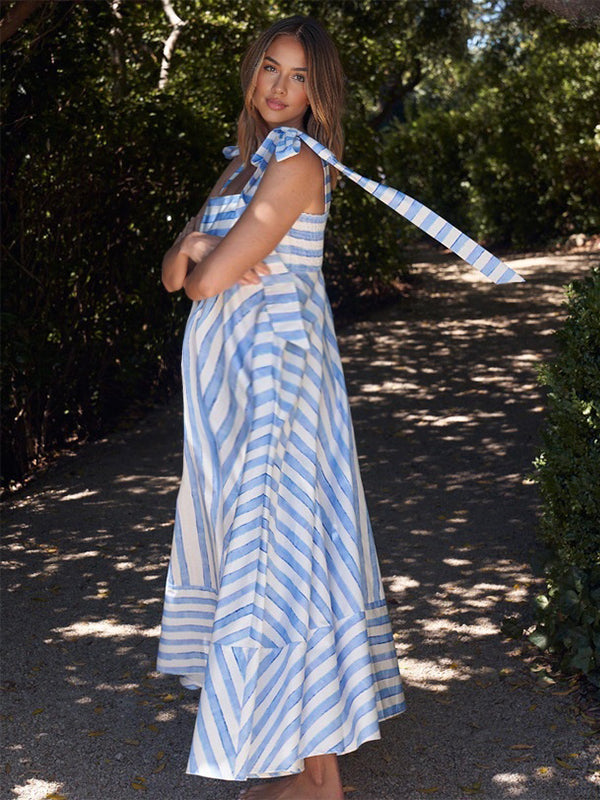 Momyknows Striped Tie Bow Flowy Photoshoot Maternity Maxi Dress