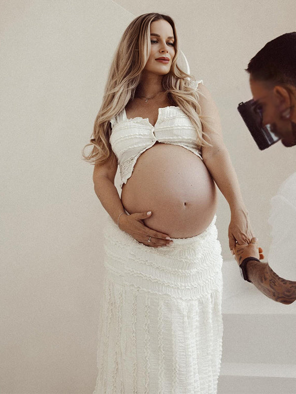 Momyknows White Ruffle Ruched Smocked Buttons Crop Two Piece Set Maternity Maxi Dress