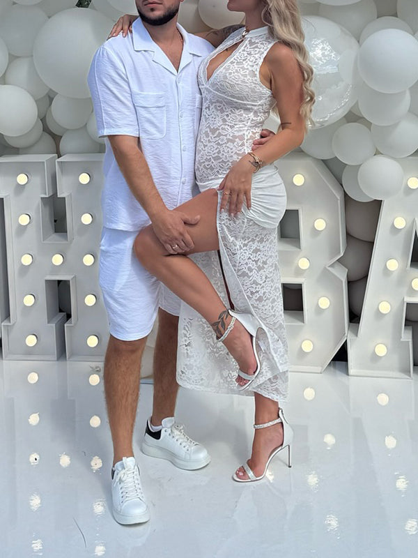 Momyknows White Lace Cut Out Ruched Side Slit Maternity Maxi Dress White / 2XL Momyknows White Lace Cut Out Ruched Side Slit Maternity Maxi Dress White / 2XL