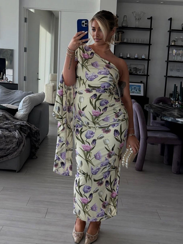 Momyknows Floral Ruched One Shoulder Cape Sleeve Maternity Maxi Dress
