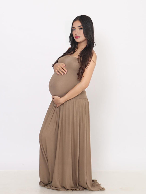 Momyknows Brown Ruched Open Back Maternity Photoshoot Maxi Dress