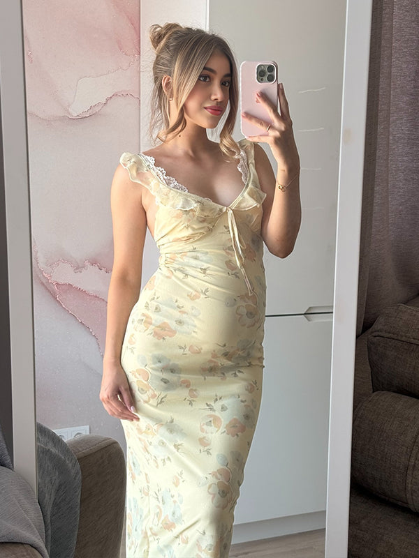 Momyknows Yellow Falbala Print Lace-up Maternity Photoshoot Maxi Dress