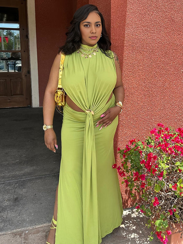 Momyknows Green Ruched Cut Out Metal Buckle Draped Side Slit Maternity Maxi Dress
