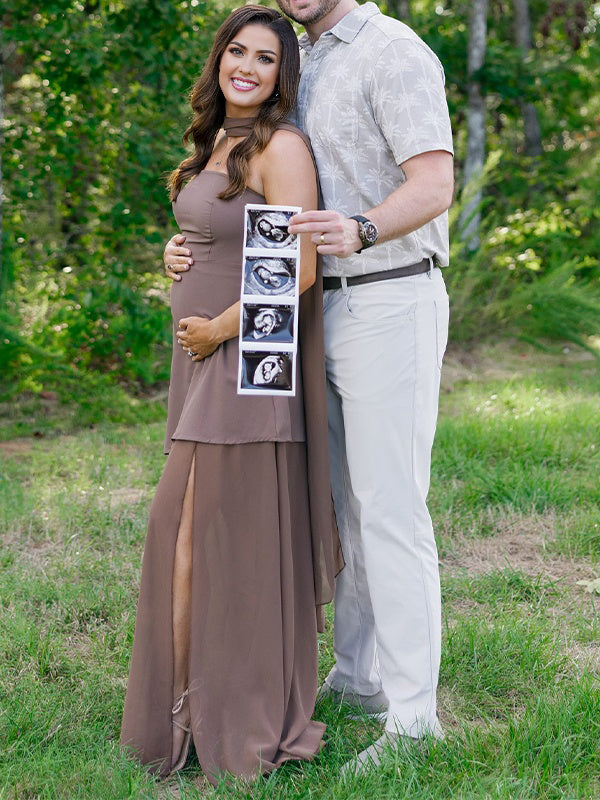 Momyknows Coffee Wrap Side Slit Grenadine Photoshoot Maternity Maxi Dress