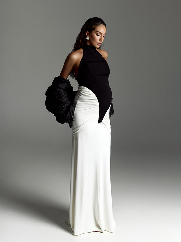 Momyknows Hit Color Ruched Backless Photoshoot Maternity Maxi Dress