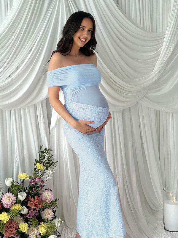 Momyknows Blue Off Shouler Lace Sheer Ruched Photoshoot Maternity Maxi Dress