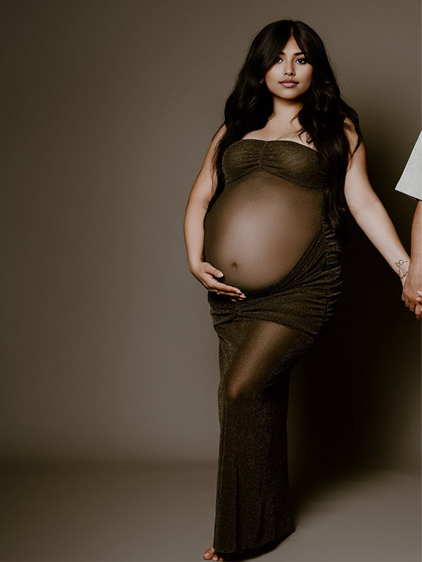Momyknows Green Ruched Sheer Sparkly Photoshoot Maternity Maxi Dress