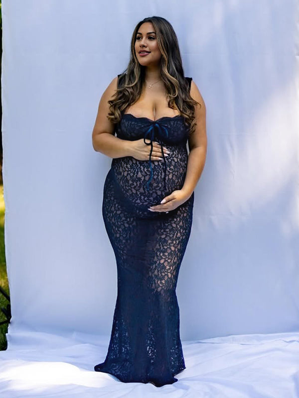 Momyknows Lace Tank Ruched Ribbon Tie Mermaid Sheer Maternity Maxi Dress